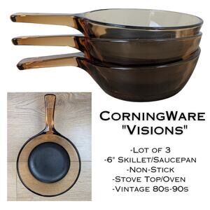 CorningWare VISIONS Amber 6" Skillet Saucepan Non Stick Glass Lot of 3 0.5L VTG